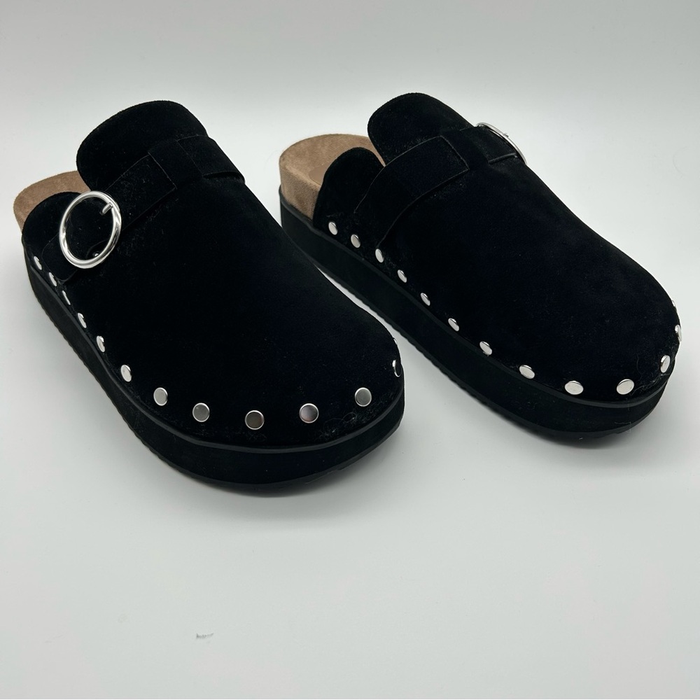 JF Black vegan Suede Platform Rivets Clogs Size 9.5